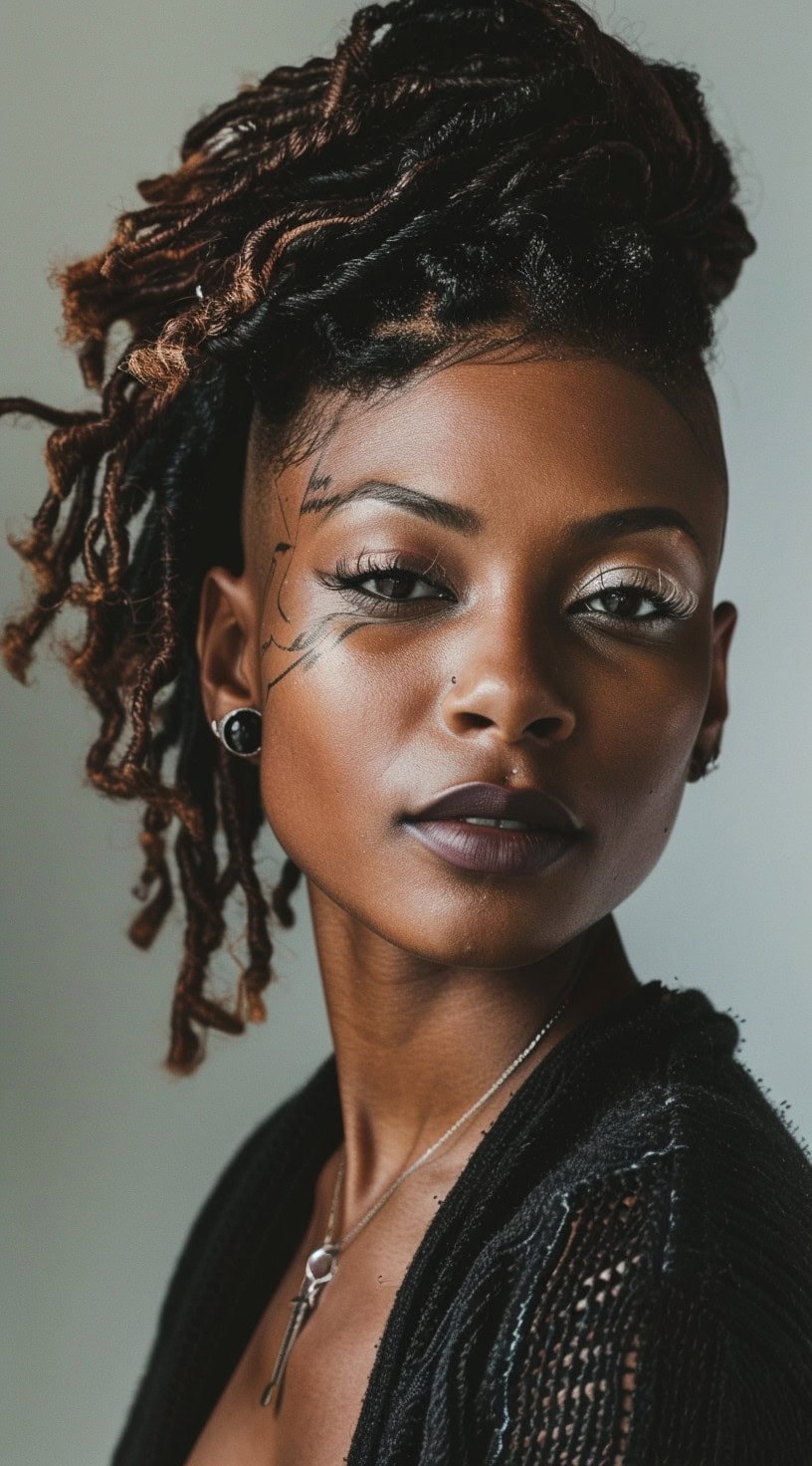 Front view of a woman with locs and a tattoo-inspired shaved undercut, posing confidently.