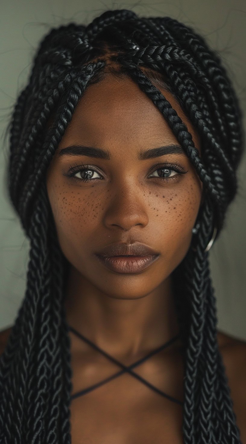 Close-up of a person with long box braids, highlighting the neat, even sections and the natural look of the braids.