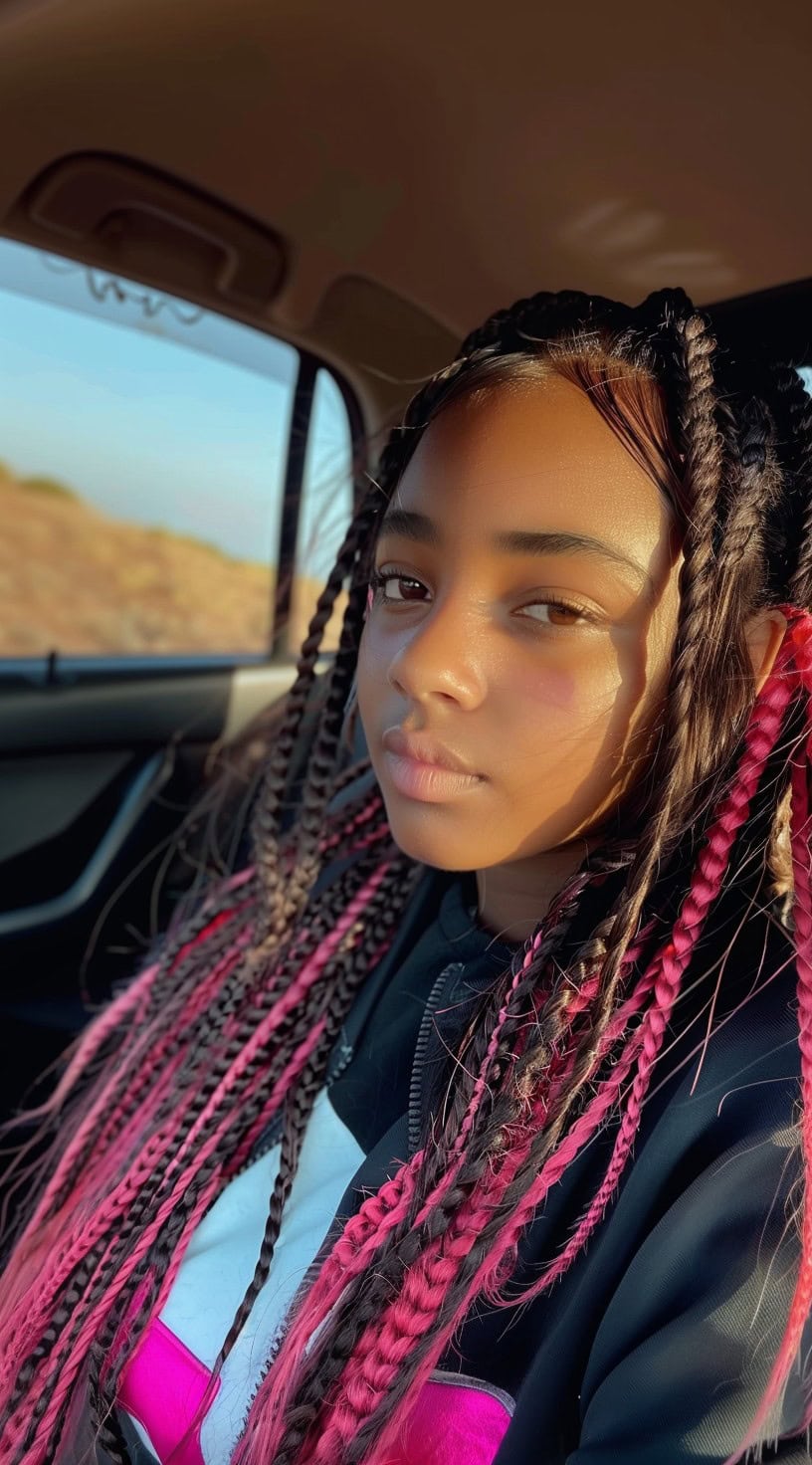 In this photo, a young girl with long braids features pink accents throughout.