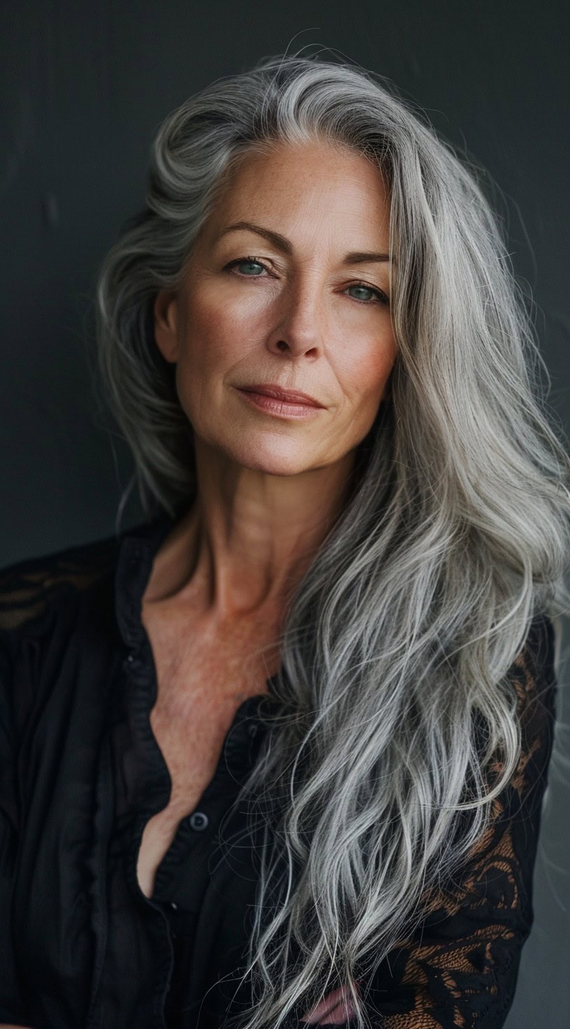 In this photo, a woman with long, flowing silver hair is shown against a dark background.