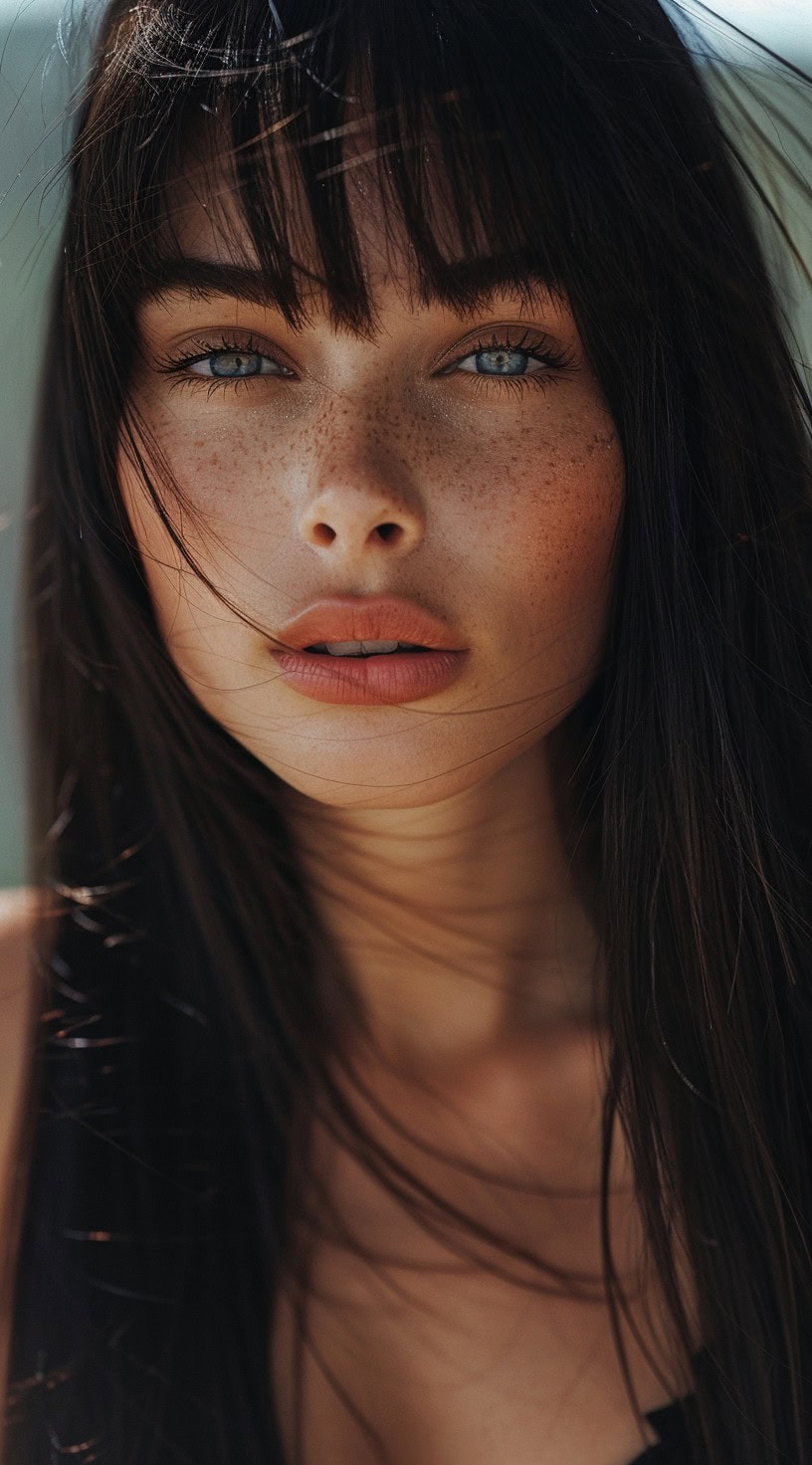 Close-up of a woman with long, straight hair and blunt bangs.