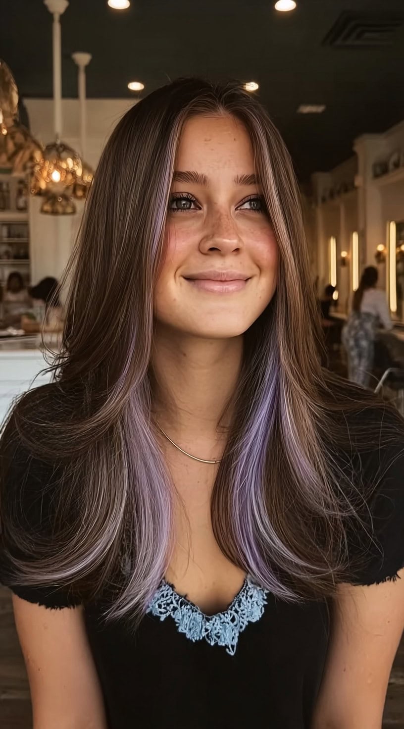 Young woman with long brown hair featuring lavender peekaboo highlights framing the face.