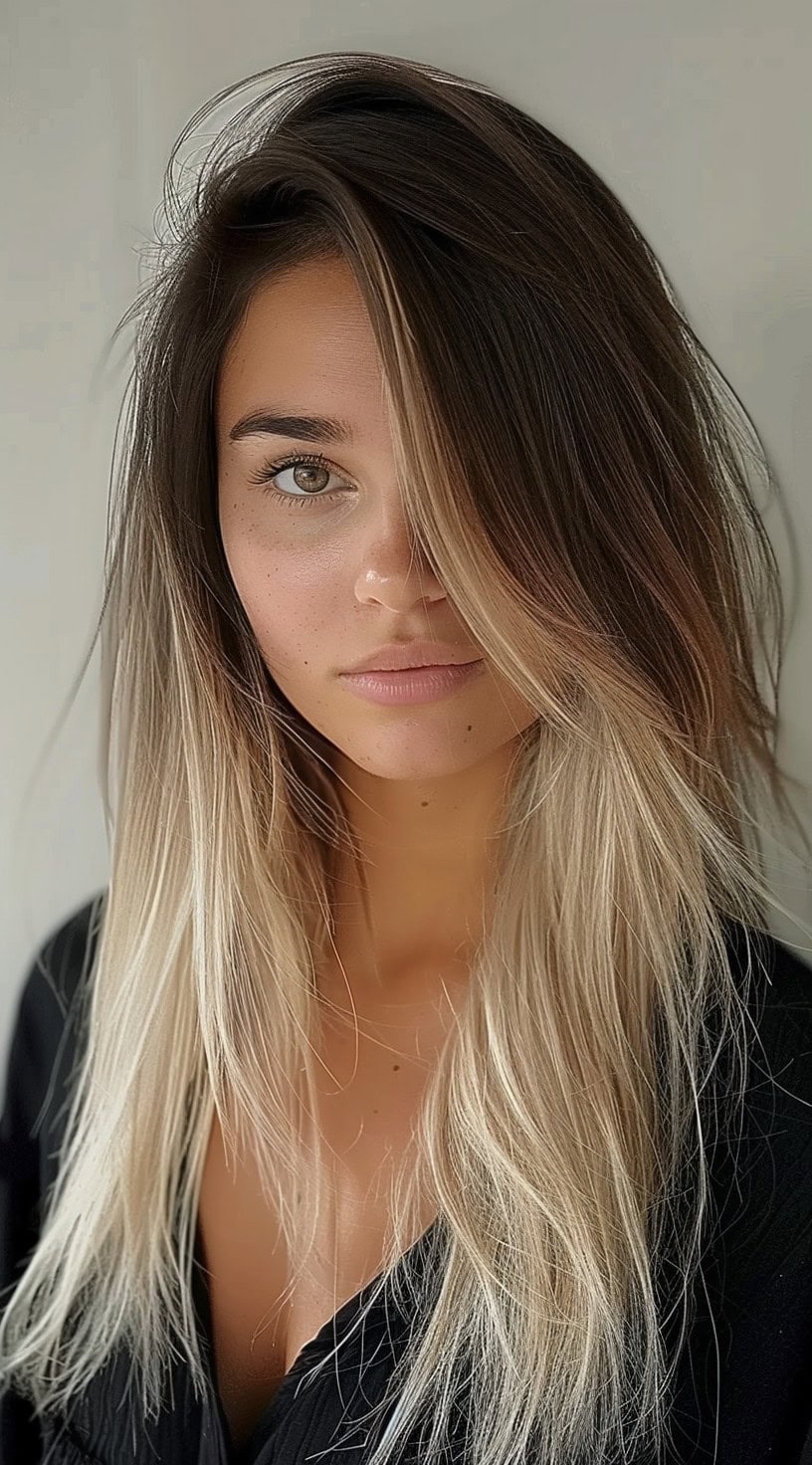 This photo shows a woman with long, layered ombre hair and bangs covering one eye.