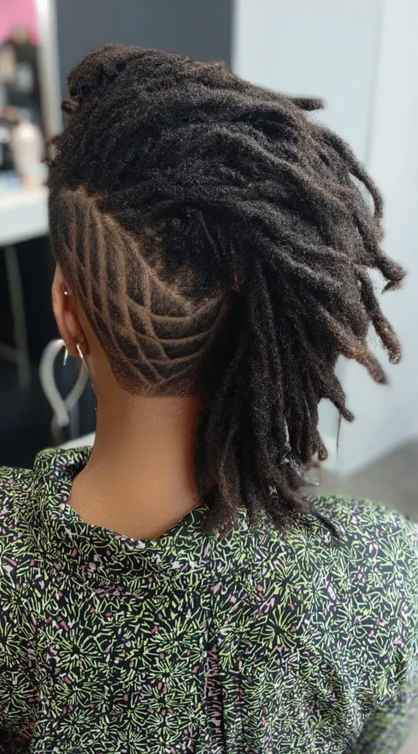 Rear view of long locs styled into a mohawk with a patterned shaved design on the sides.