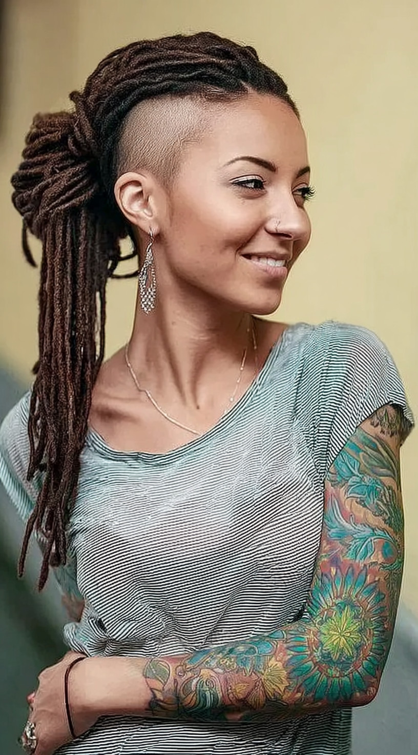 Side view of a woman with long locs pulled into a ponytail, featuring fully shaved sides.