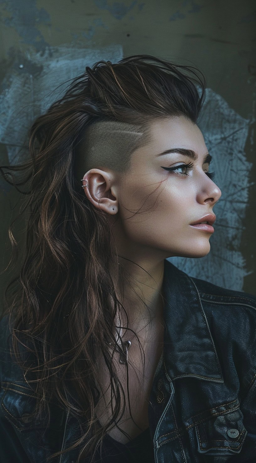 This photo features a woman with a long mohawk and shaved undercut.