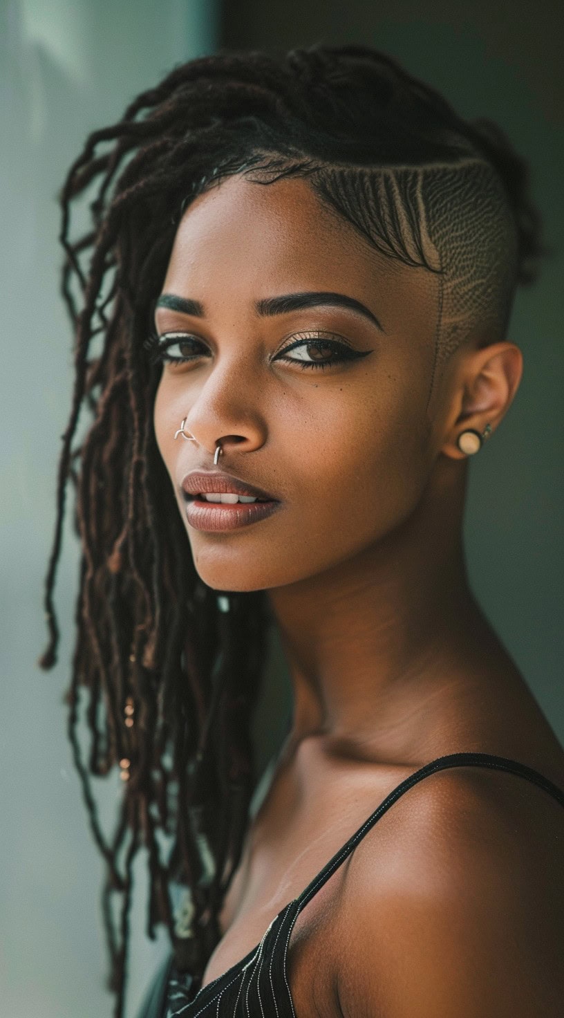 Profile view of a woman with long side-swept locs and a geometric shaved undercut.