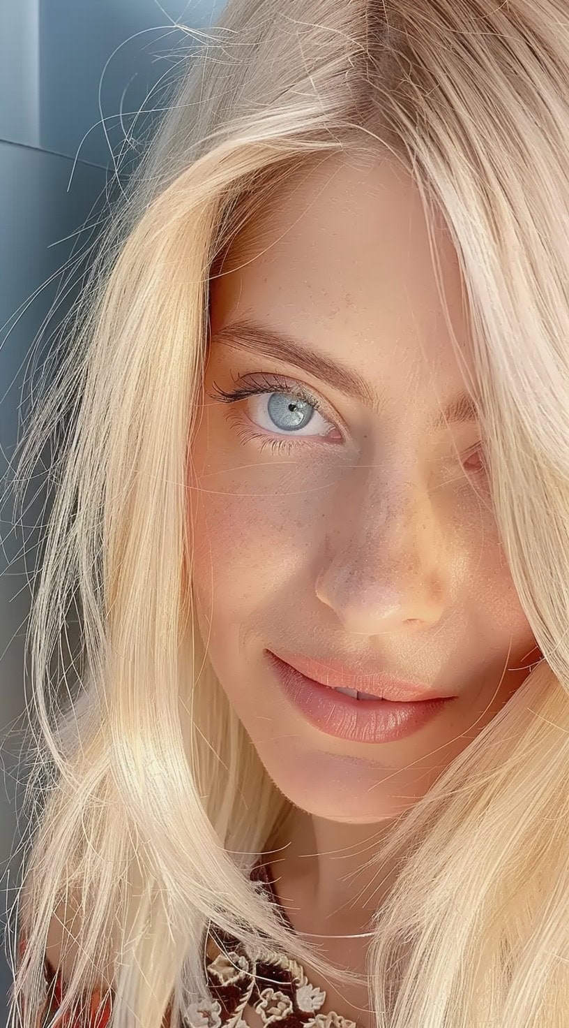 This photo shows a woman with long, tousled blonde bangs covering one eye.