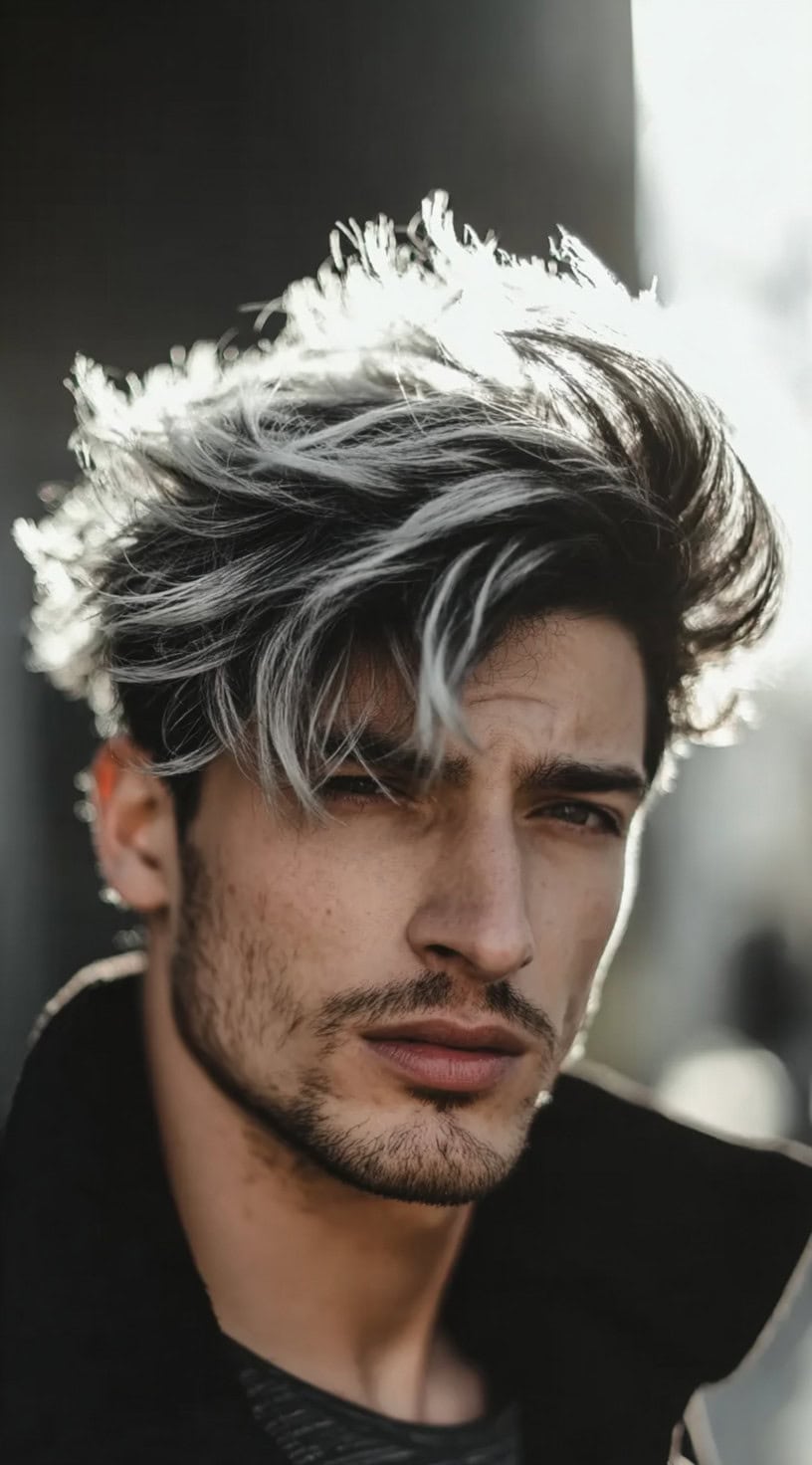 Man with long voluminous dark hair and bold white streaks sweeping across the front.