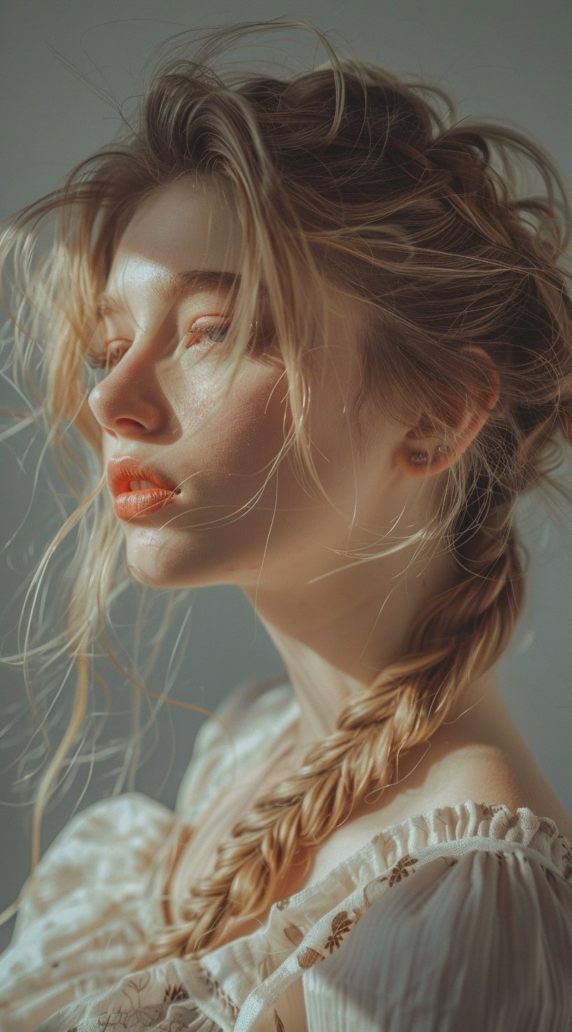 Young woman with loose, slightly messy braids, with loose strands framing her face.