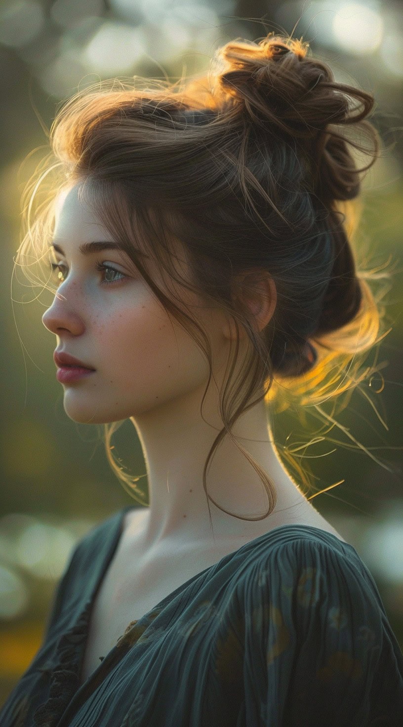 Profile view of a woman with a loose bun in an outdoor setting.