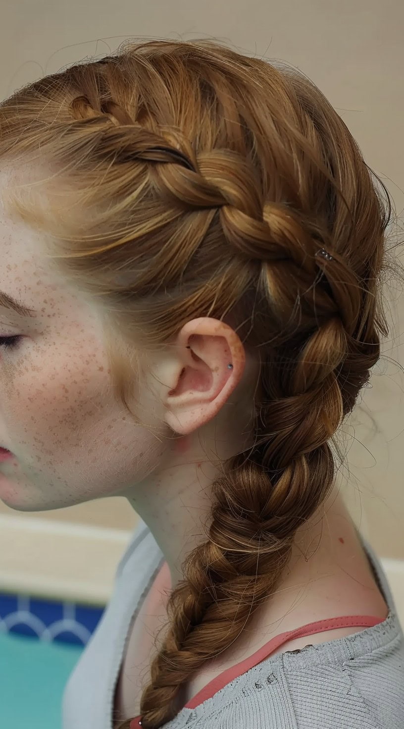 Side profile of a woman with a loose Dutch braid showing the intricate braiding pattern.