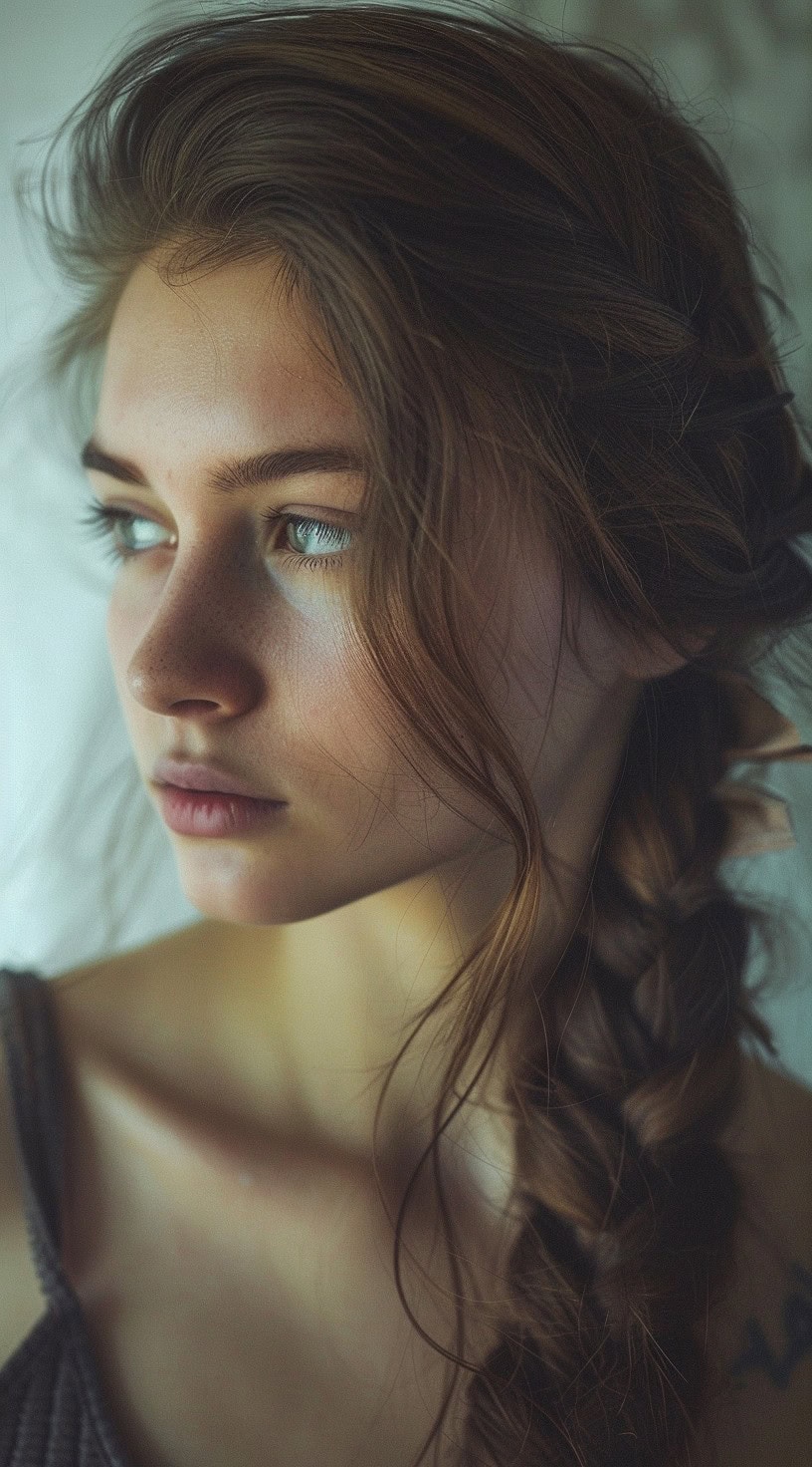 Profile view of a woman with a loose fishtail braid in a relaxed indoor setting.