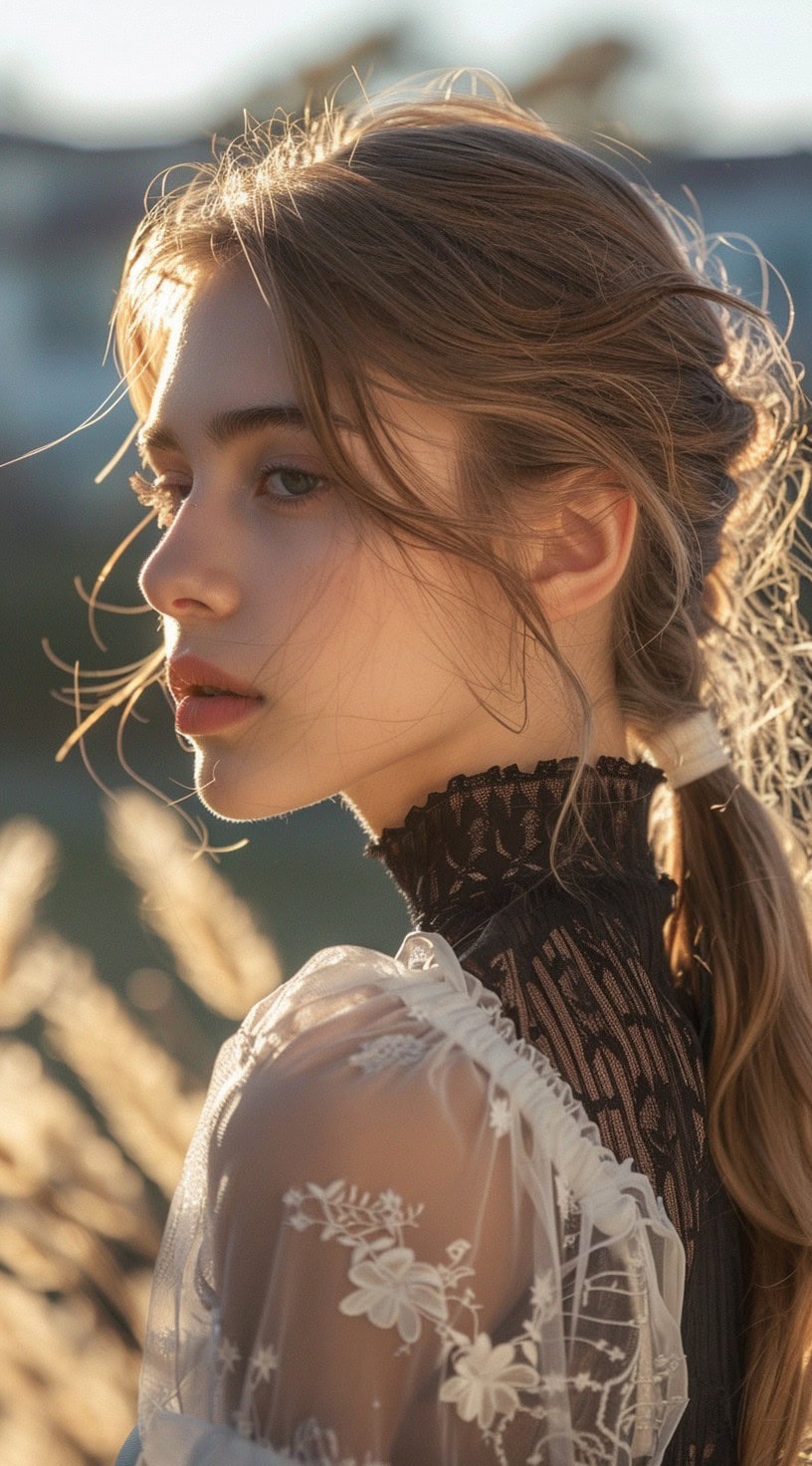 Side profile of a woman with a loose braided updo in a relaxed outdoor setting.