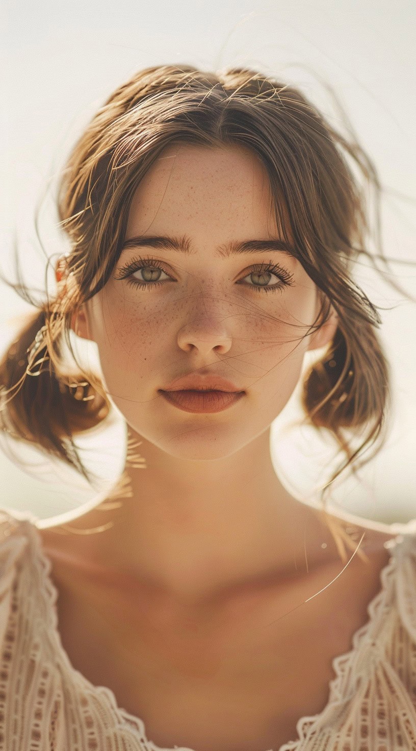 Front view of a woman with loose pigtails in a soft, natural setting.