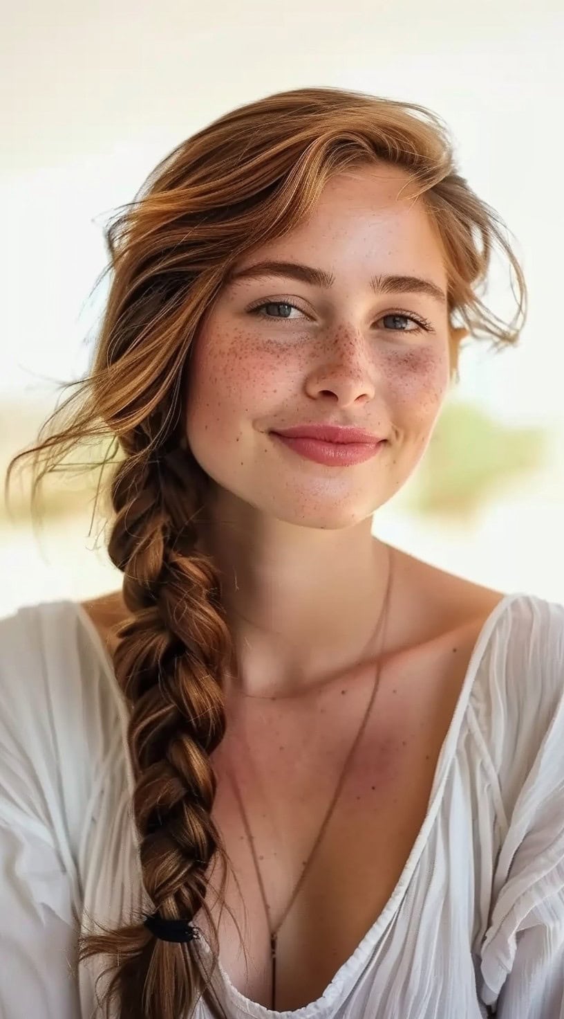 Front view of a woman with a loose side braid, smiling softly.