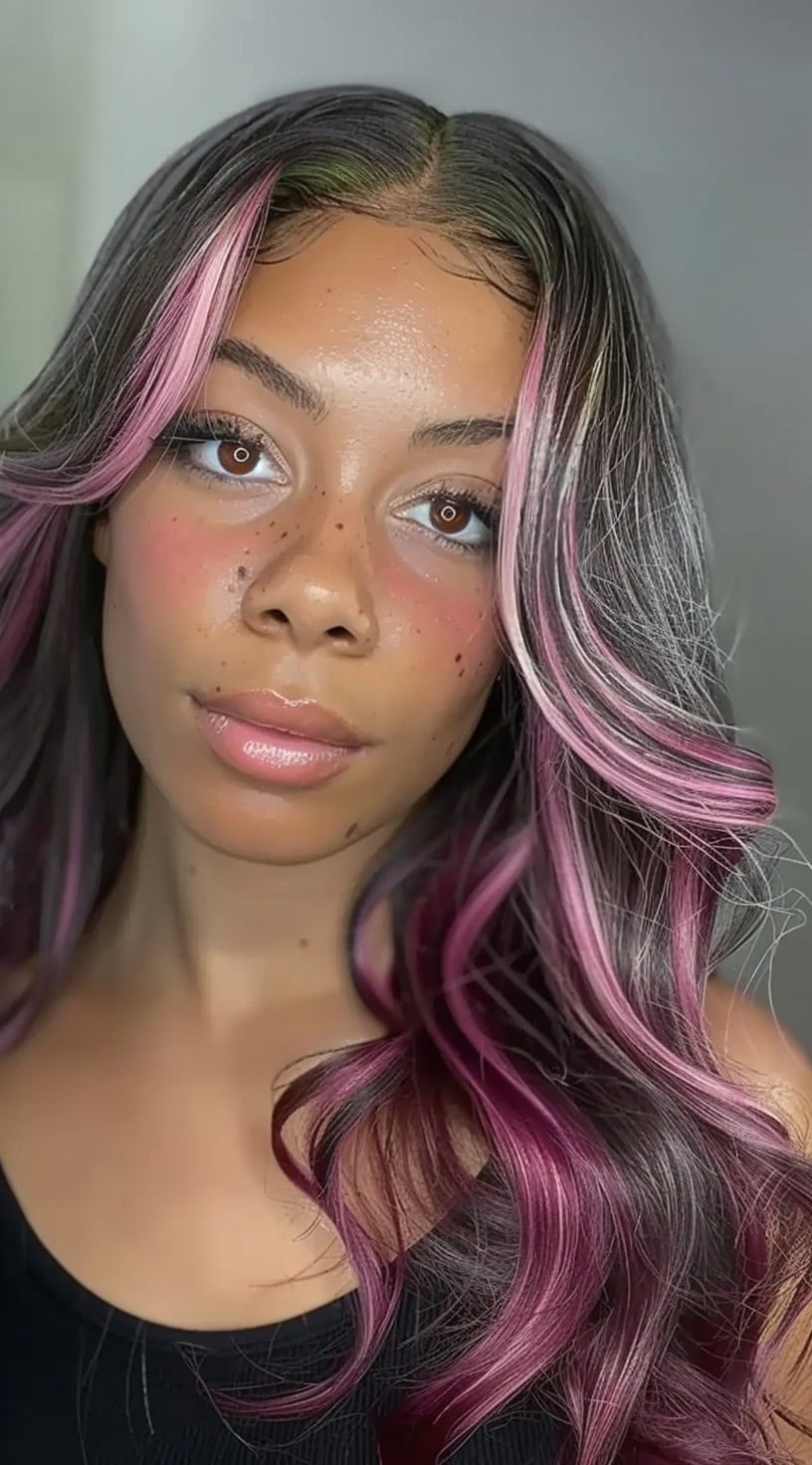 In this photo, a woman with loose waves showcases pink and green peekaboo highlights.