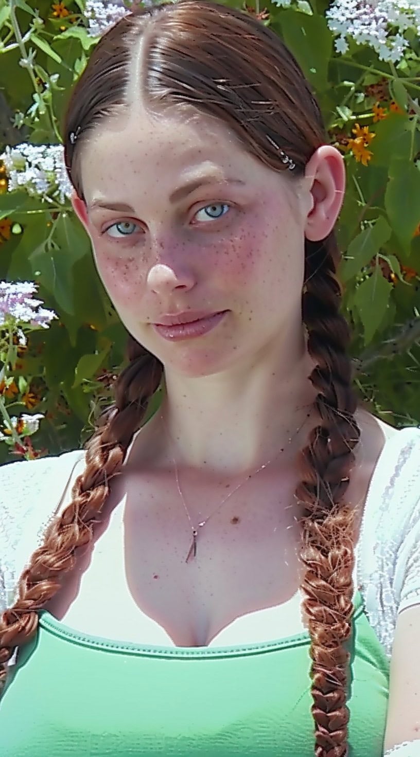 A woman with long, red hair styled into two low braided pigtails, parted in the middle.