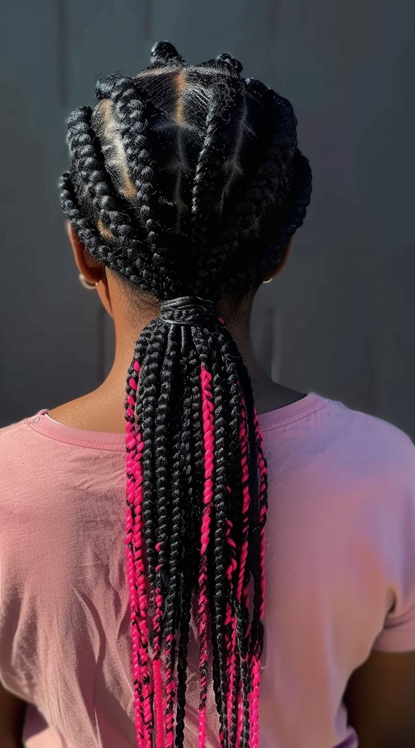 In this photo, a woman with a low braided ponytail showcases pink peekaboo highlights.