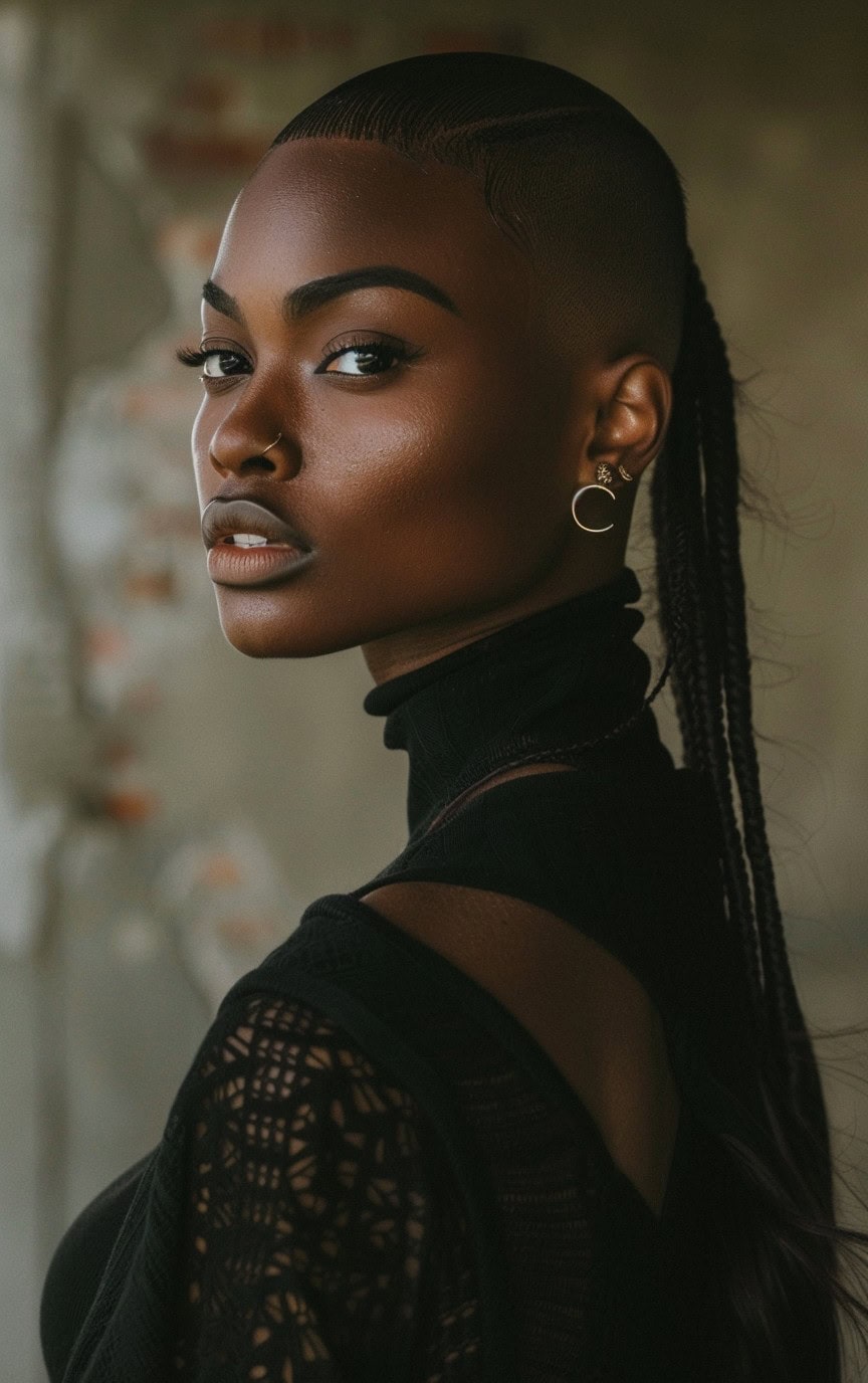 Side view of a woman with a low braided ponytail and sleek shaved sides, highlighted by soft lighting.