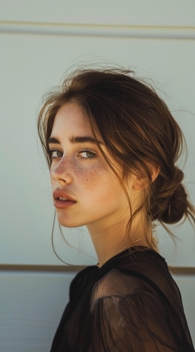 A woman with dark hair styled into a loose, low bun at the nape of her neck.