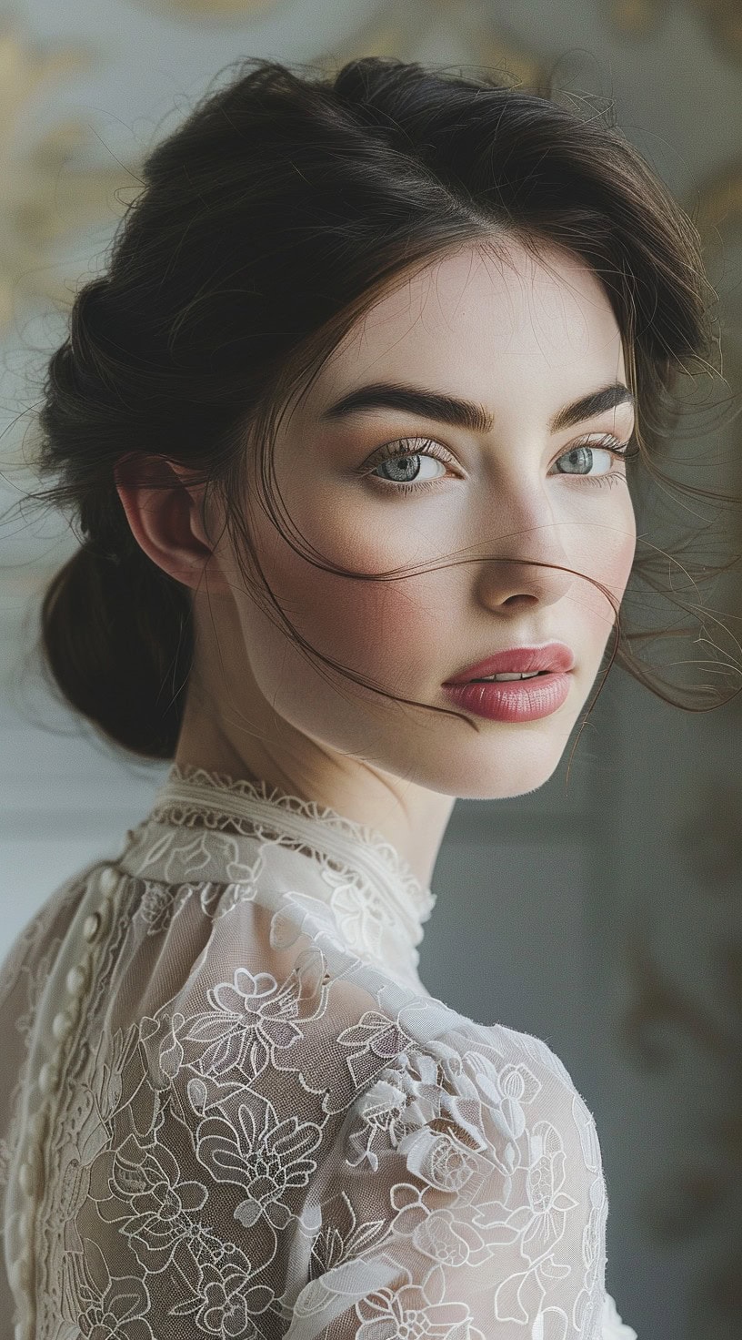 Profile view of a woman with a low chignon, with soft, loose strands framing her face.