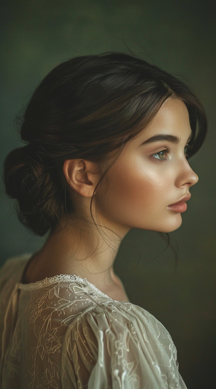 Side profile of a woman with a low messy bun in an elegant setting.