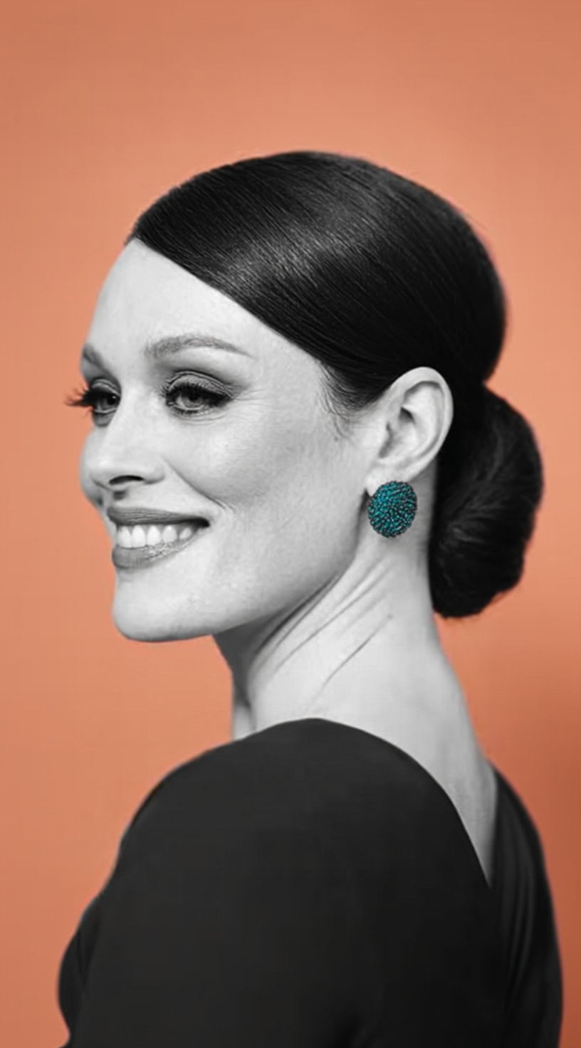 Dark hair styled into a low smooth chignon with a deep, sleek side part.