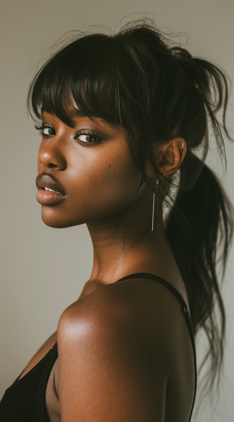 A woman with a low ponytail and bangs framing her face.