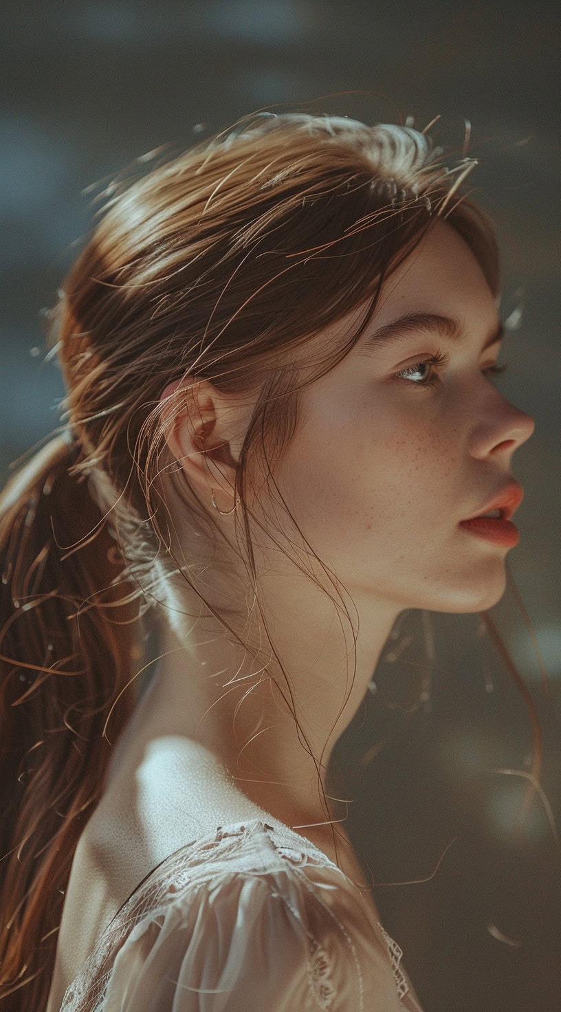 Side profile of a woman with a low ponytail, secured loosely with a few wisps of hair framing her face.