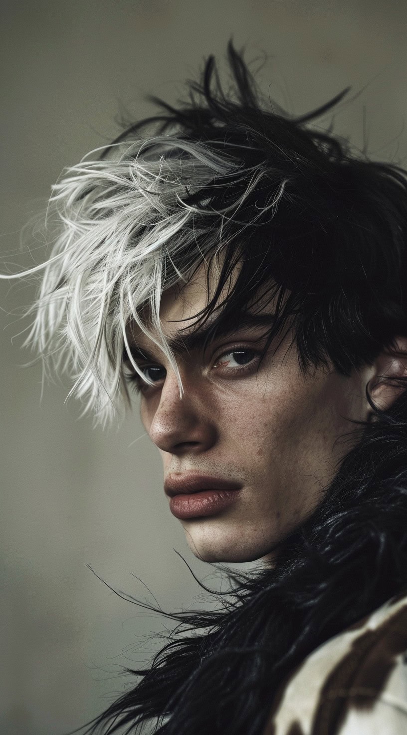 In this photo, a young man with a tousled black and white hairstyle is looking intensely at the camera.