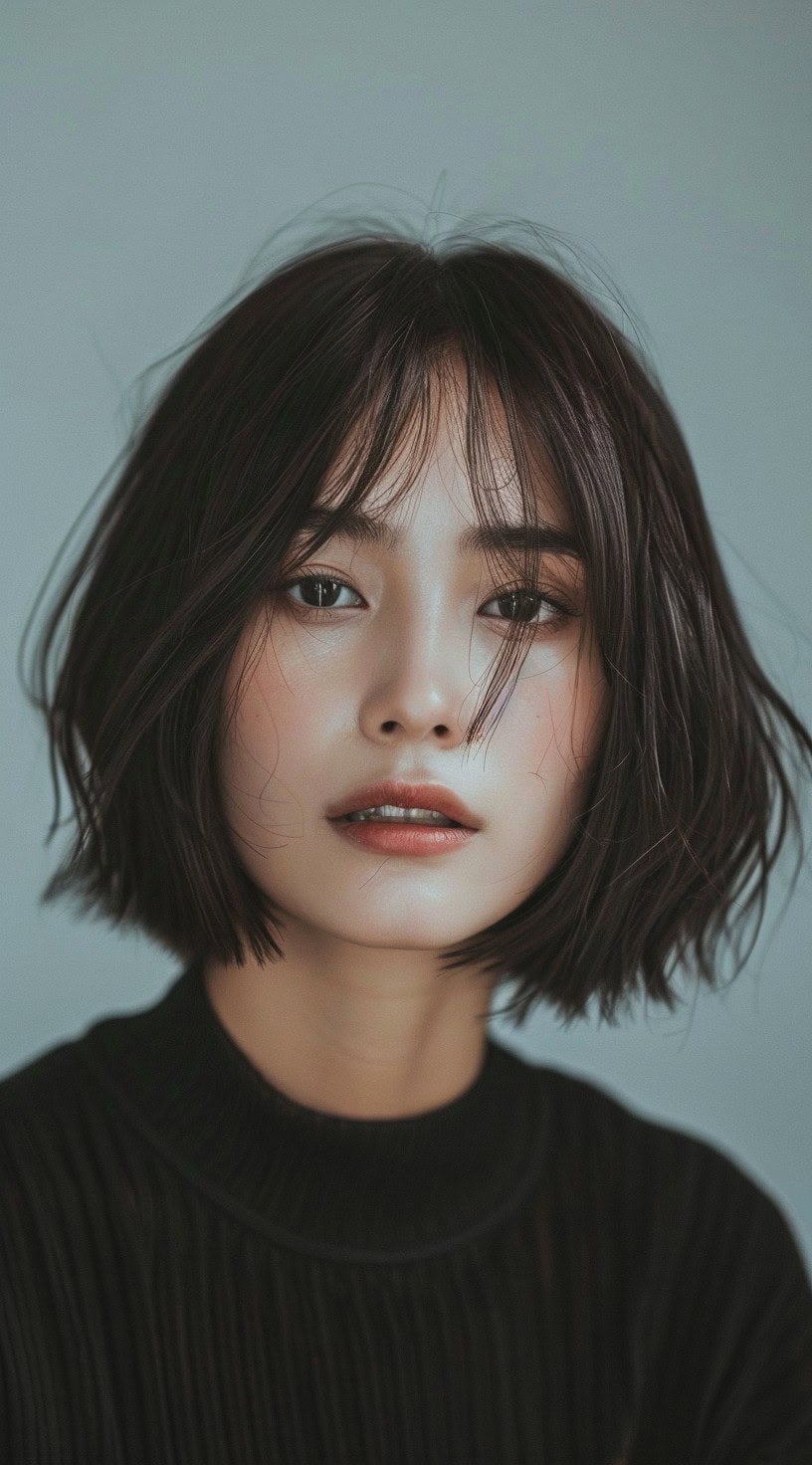 Front view of a woman with a messy bob haircut and wispy bangs.