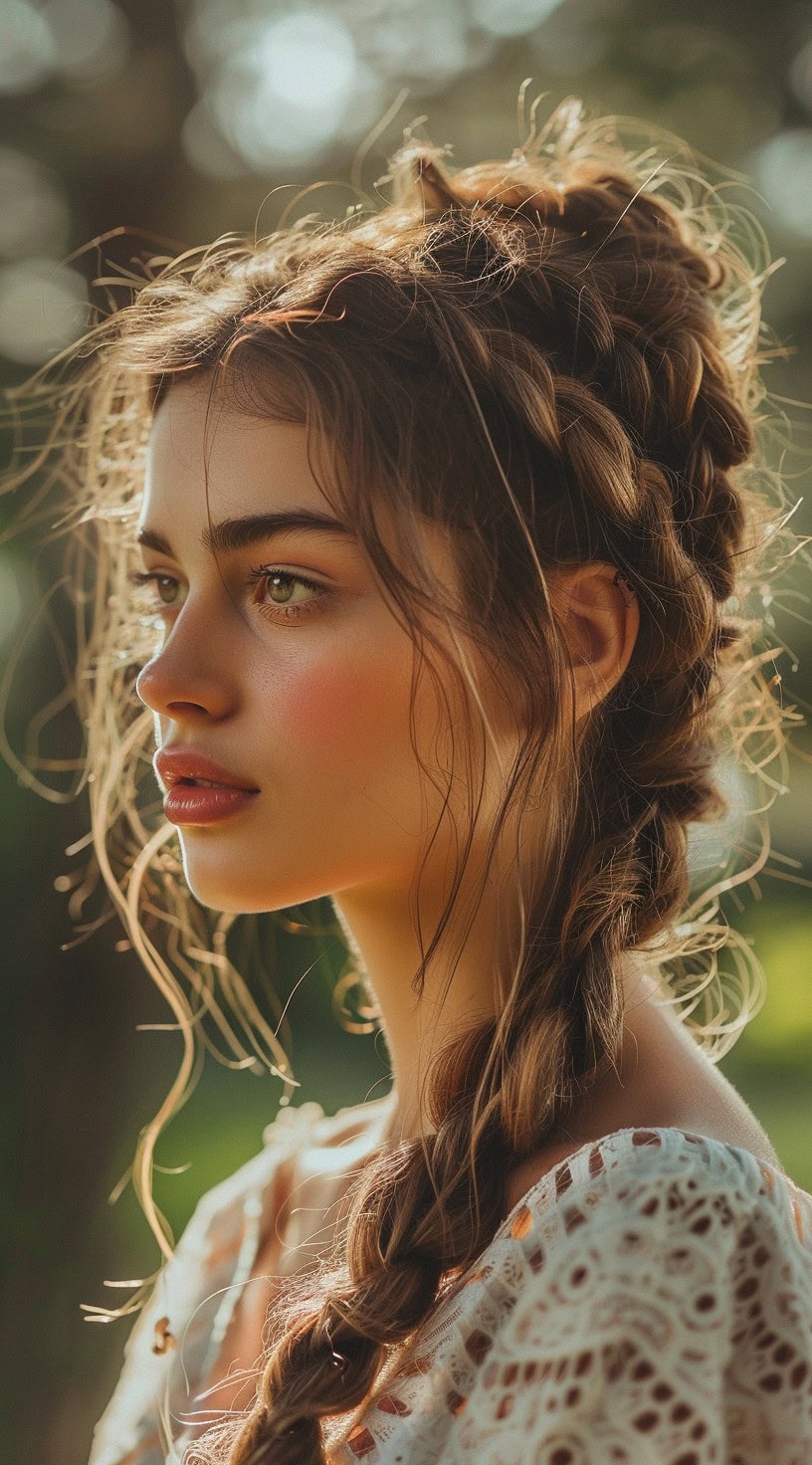 Profile view of a woman with a messy braided crown in a natural outdoor setting.