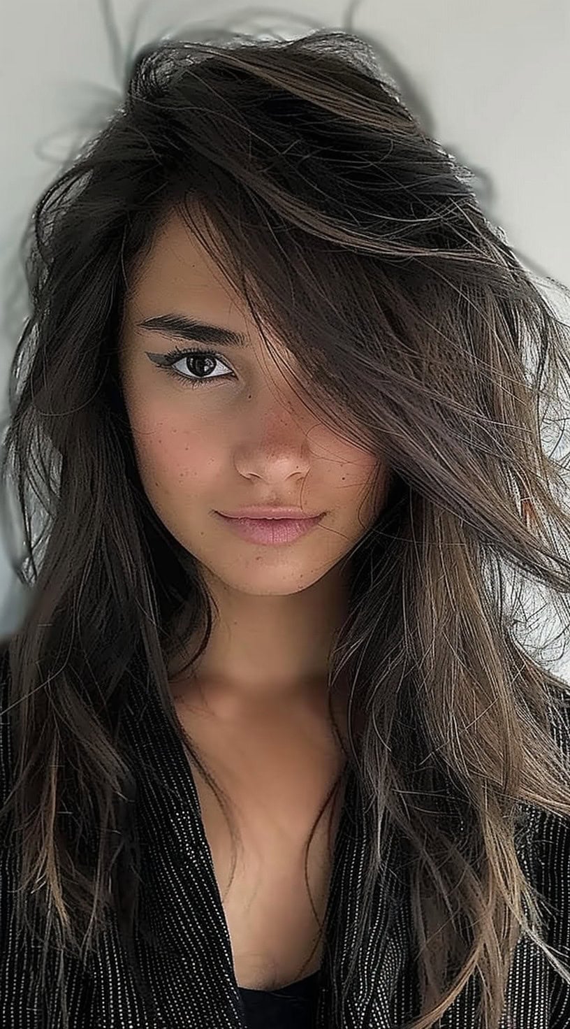 This photo shows a woman with a messy bob and soft bangs covering one eye.