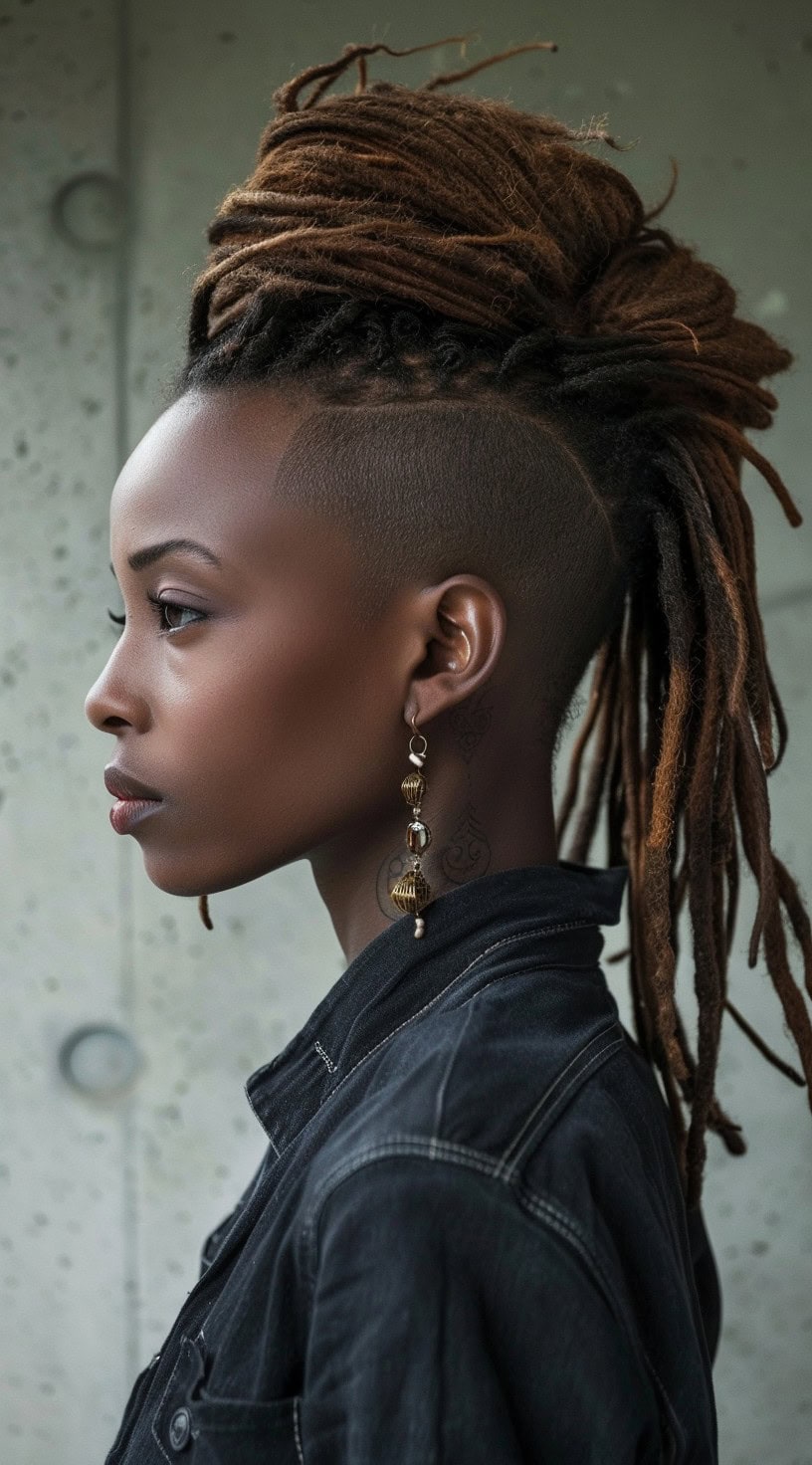 Profile view of a woman with locs styled into a mohawk with an undercut, against a concrete background.