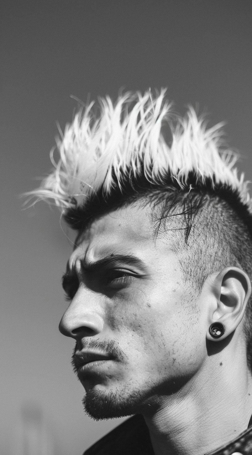 In this photo, a man with a monochrome mohawk is seen in profile.