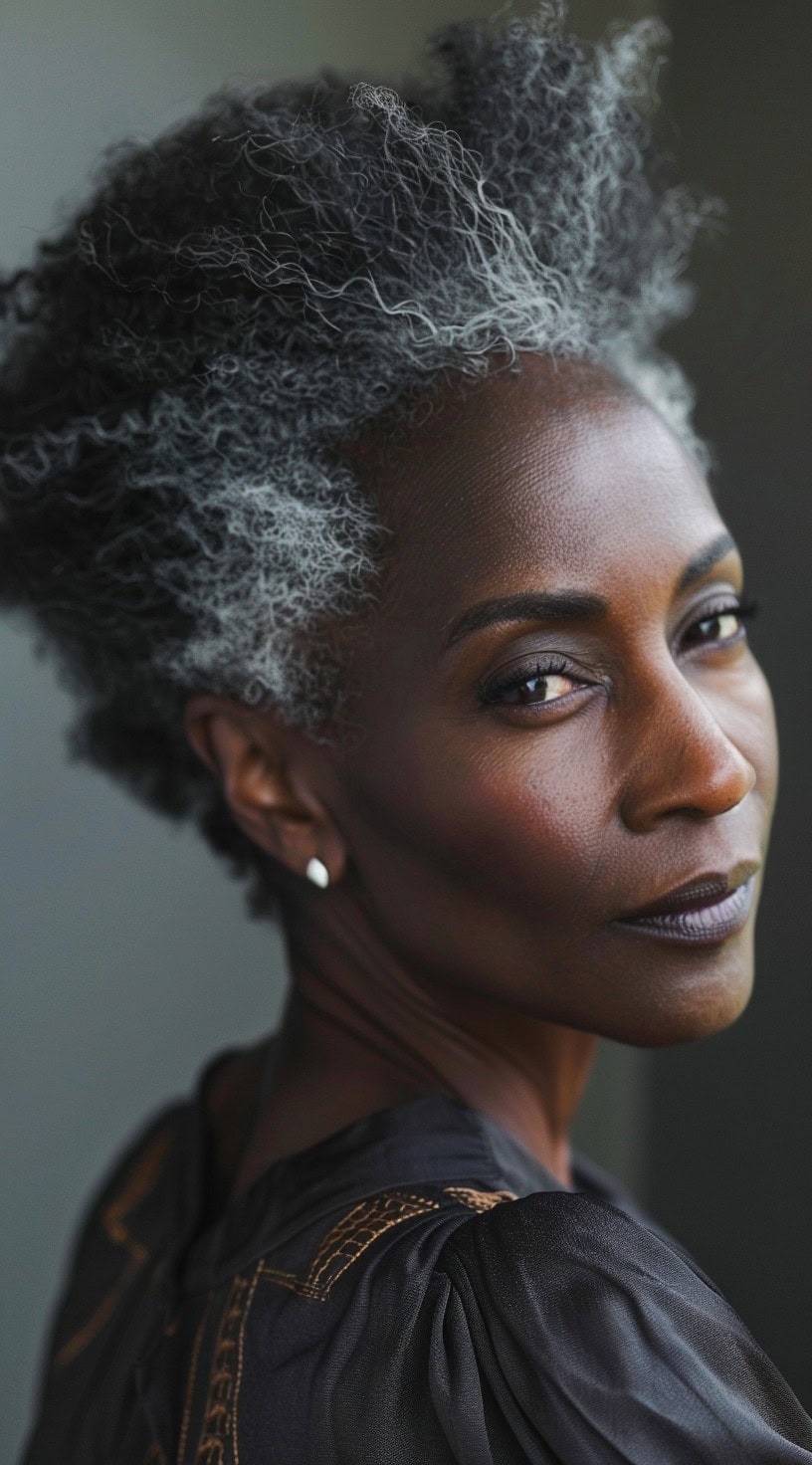 In this photo, a woman with a natural coiled afro featuring silver highlights stands in profile against a dark background.