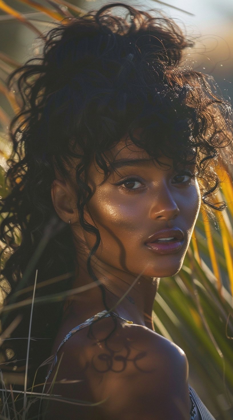 A woman with a high ponytail and natural curly bangs.