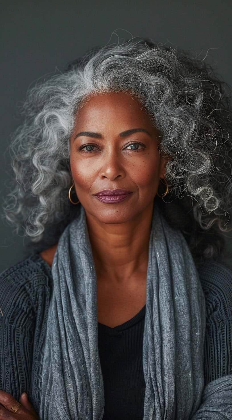 In this photo, a woman with natural silver waves and shoulder-length hair poses confidently.