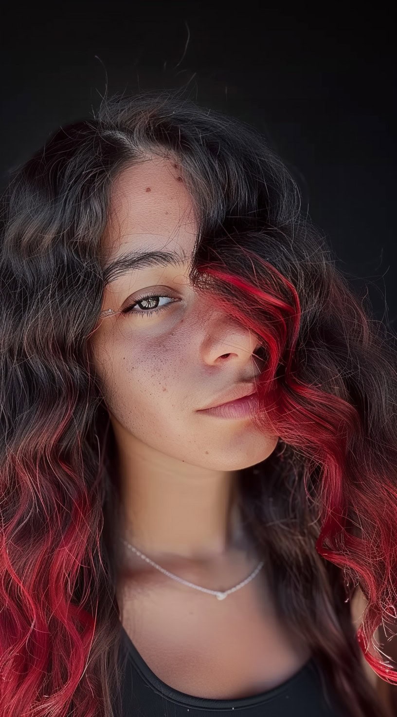 In this photo, a woman with natural waves has red highlights throughout her hair.