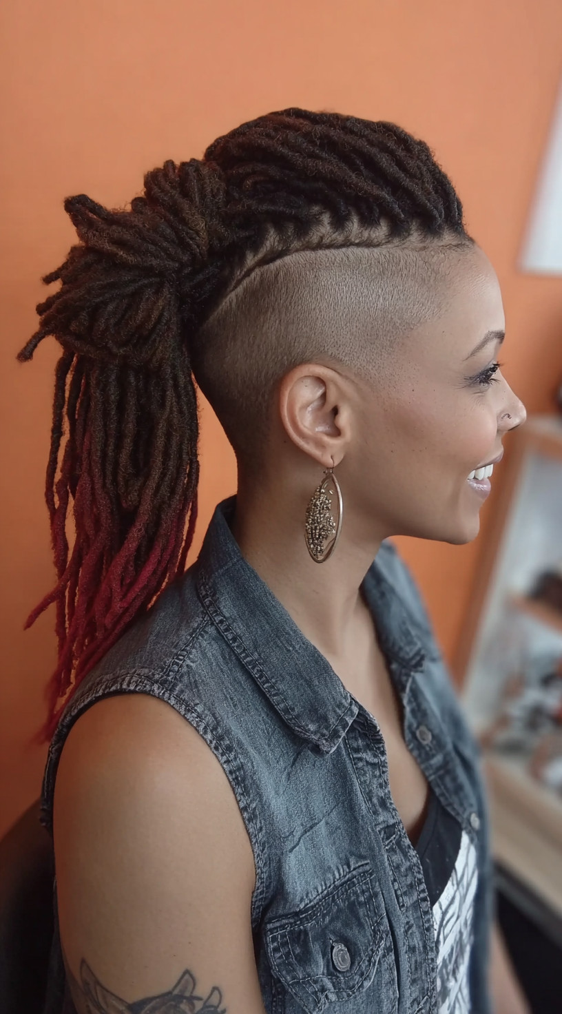 Side view of a woman with an ombre loc ponytail transitioning from dark brown to red, paired with a shaved undercut.