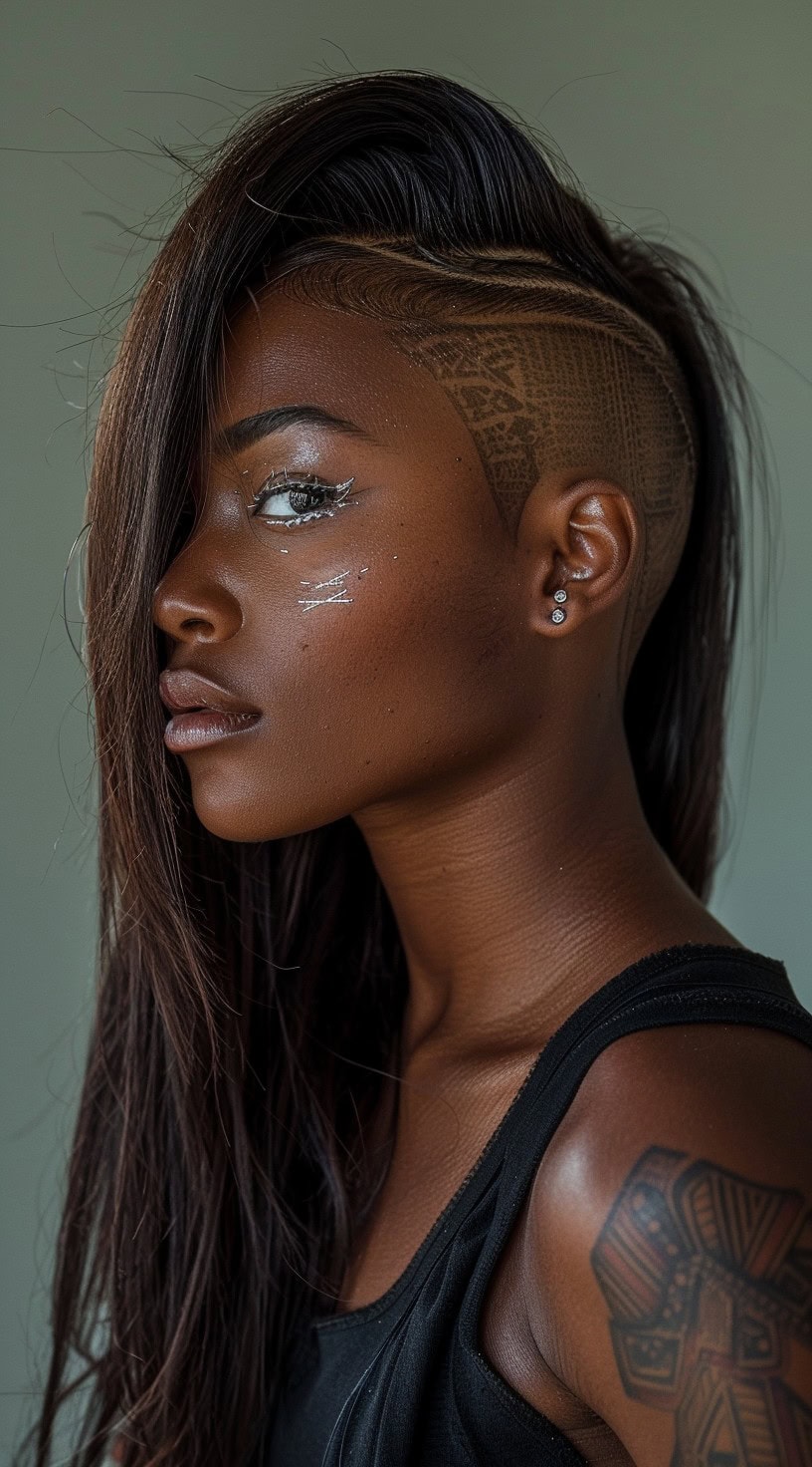 A woman with a sleek hairstyle and one side shaved featuring intricate patterns is depicted in the photo.