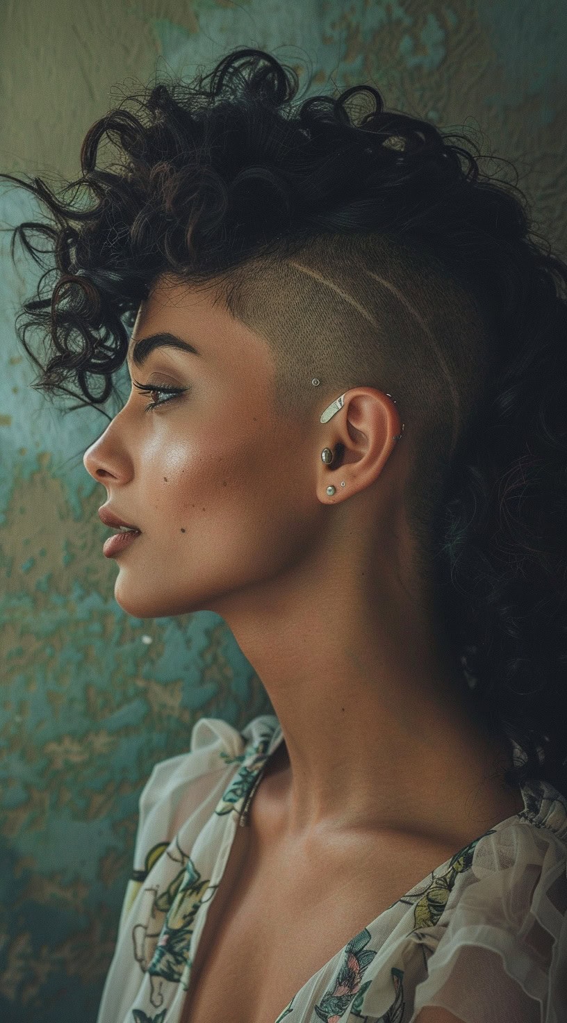 A woman with long curly hair on top and a patterned shaved side.