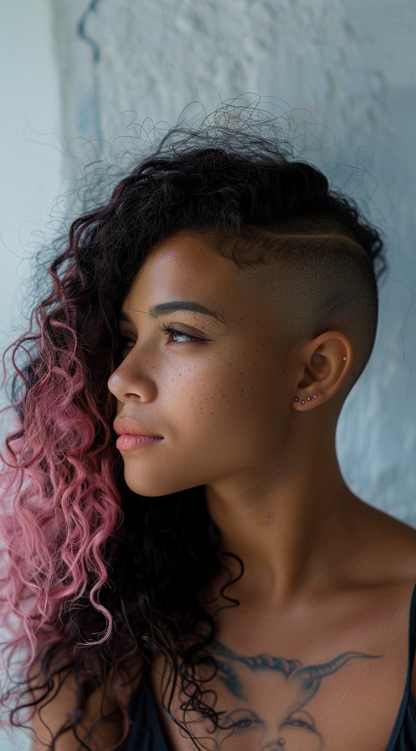 A woman with natural long curls transitioning from dark roots to pink tips, with a shaved undercut.