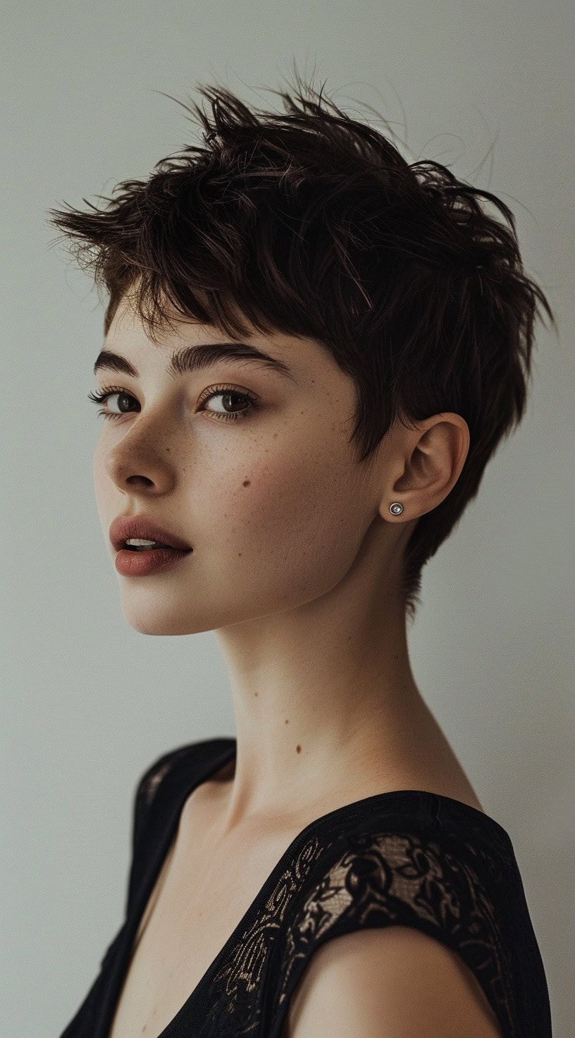 This image shows a woman with a pixie cut featuring tousled layers for added texture.