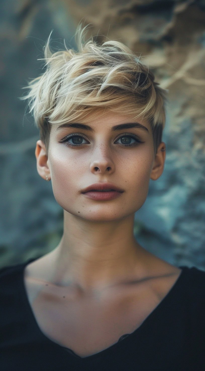 Front view of a woman with a chic pixie cut, showcasing a modern look.