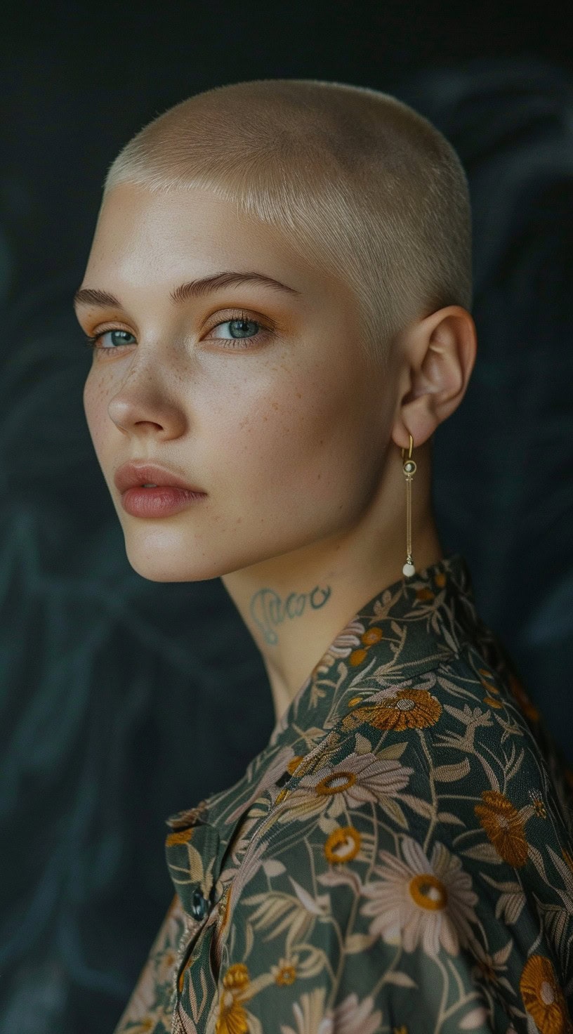 This image shows a woman with a platinum blonde buzz cut, giving a bold and edgy appearance.