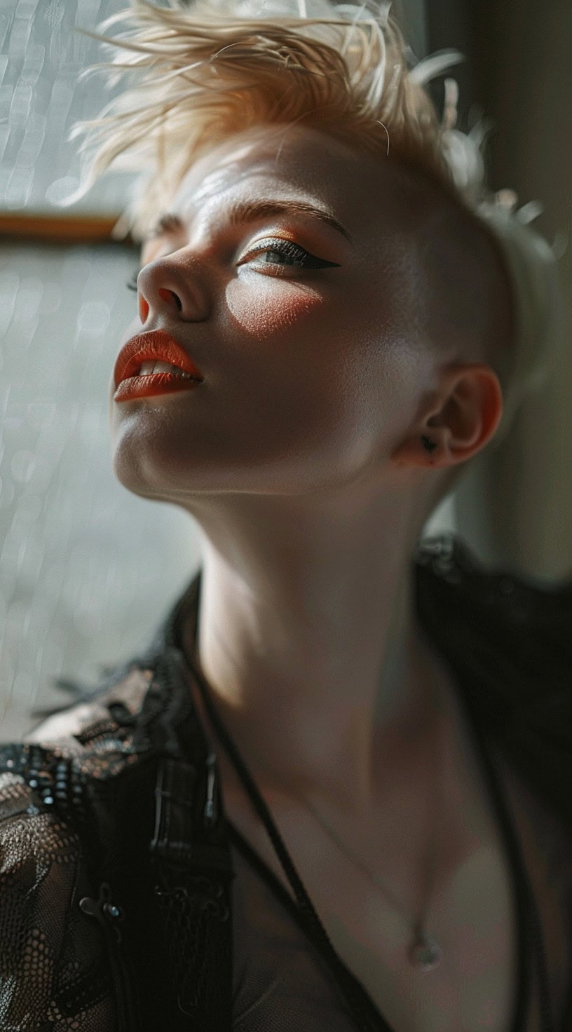 This image shows a woman with a platinum mohawk pixie cut, emphasizing a bold and edgy look.