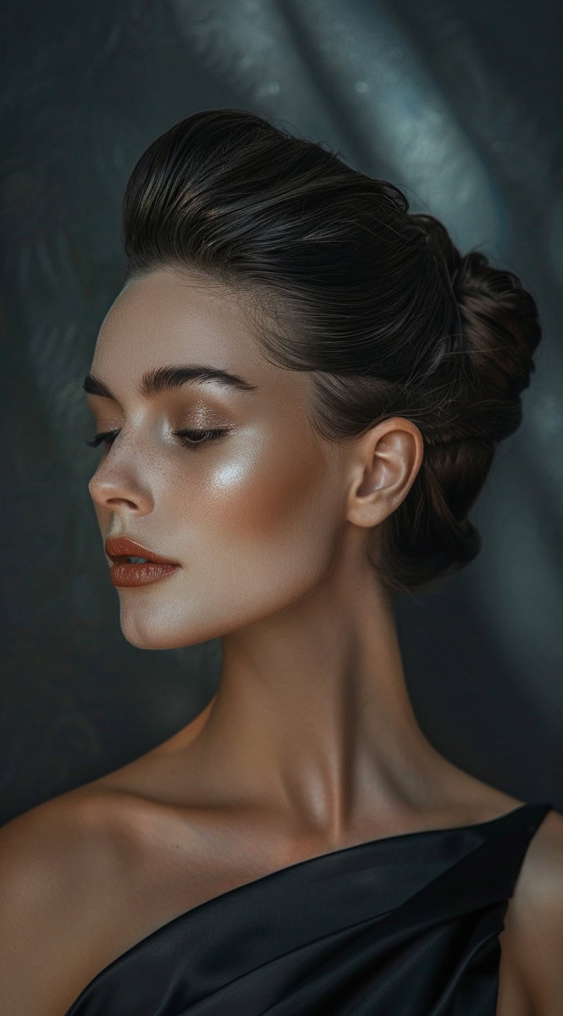 Side profile of a woman with a polished French twist updo.