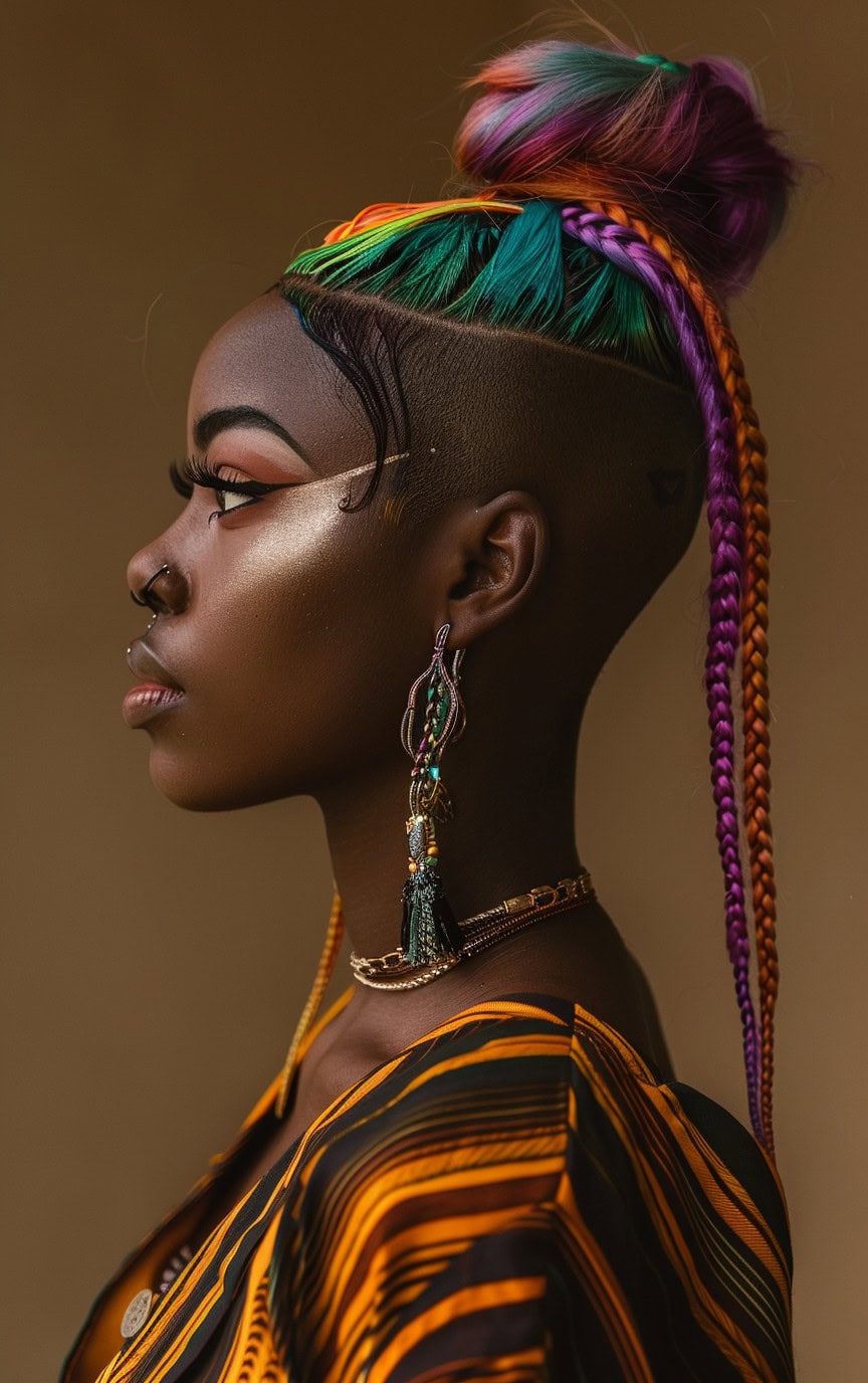 Profile of a woman with a rainbow braided top knot and shaved sides, featuring colorful braids.